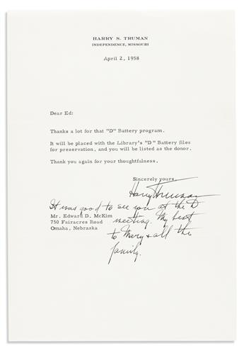 TRUMAN, HARRY S. Group of 4 Typed Letters Signed, to various recipients, on various topics, one with 4-line holograph postscript.